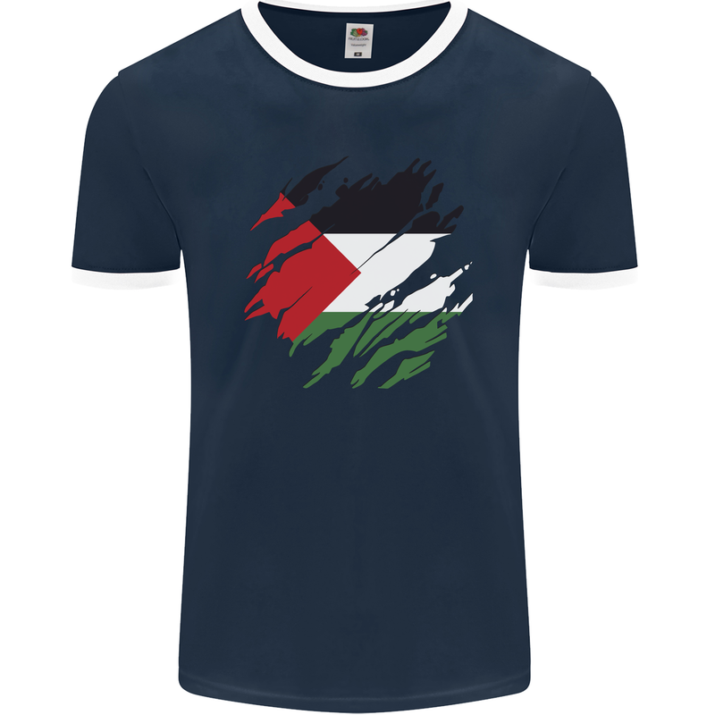 Torn Palestine Flag Palestinian Day Football Mens Ringer T-Shirt FotL Navy Blue/White