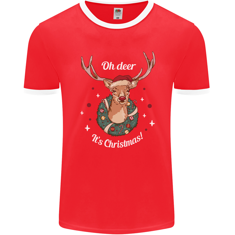 Oh Deer Its Christmas Funny Hunting Hunter Xmas Mens Ringer T-Shirt FotL Red/White