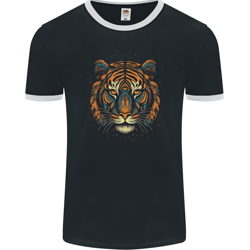 A Tribal Tiger Head Fantasy Mens Ringer T-Shirt FotL Black/White