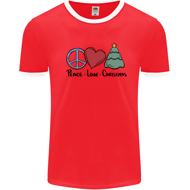 Peace Love Christmas Xmas Mens Ringer T-Shirt Red/White