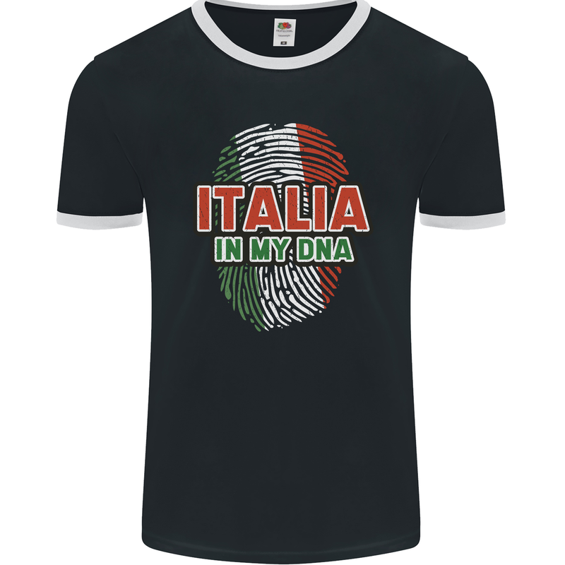 Italia in My DNA Italy Flag Football Rugby Mens Ringer T-Shirt FotL Black/White