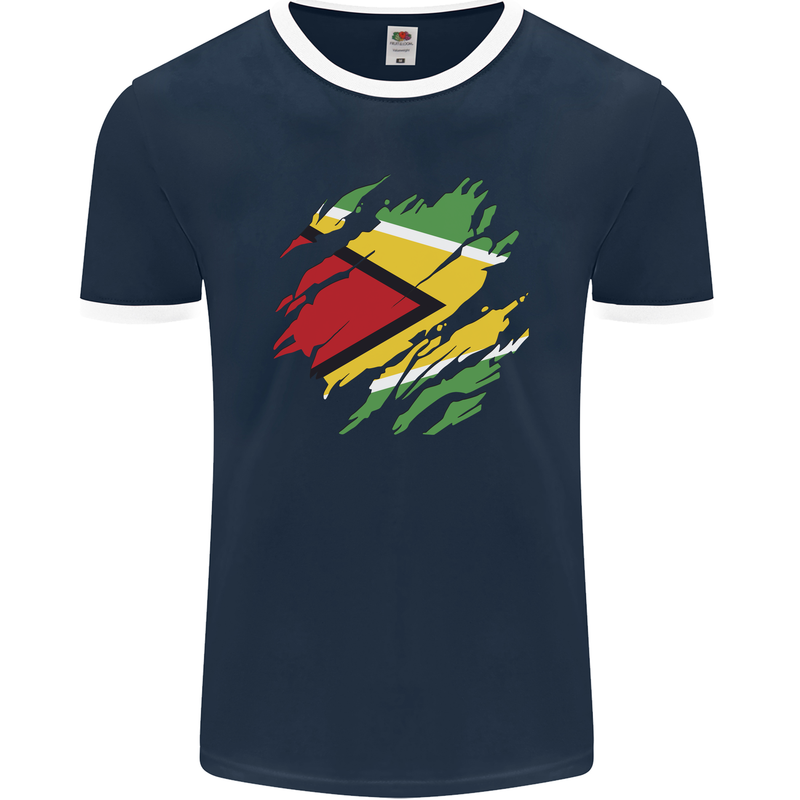 Torn Guyana Flag Guyanese Day Football Mens Ringer T-Shirt FotL Navy Blue/White