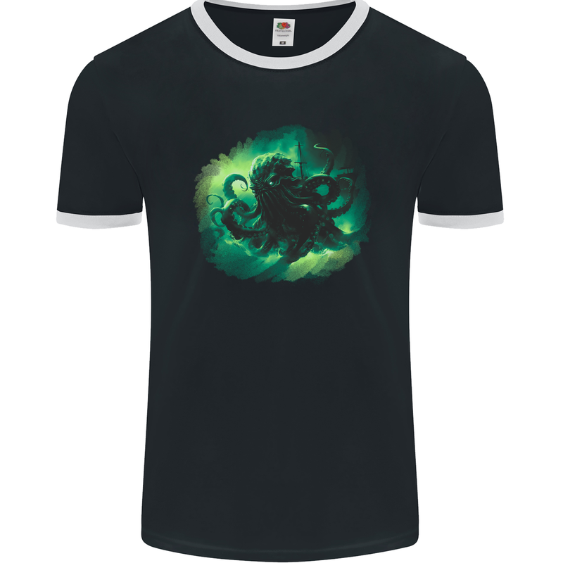 Kraken and Ship Mens Ringer T-Shirt FotL Black/White