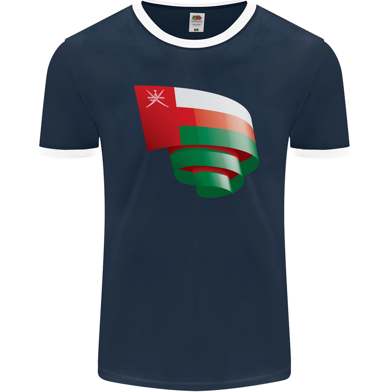 Curled Oman Flag Omani Day Football Mens Ringer T-Shirt FotL Navy Blue/White