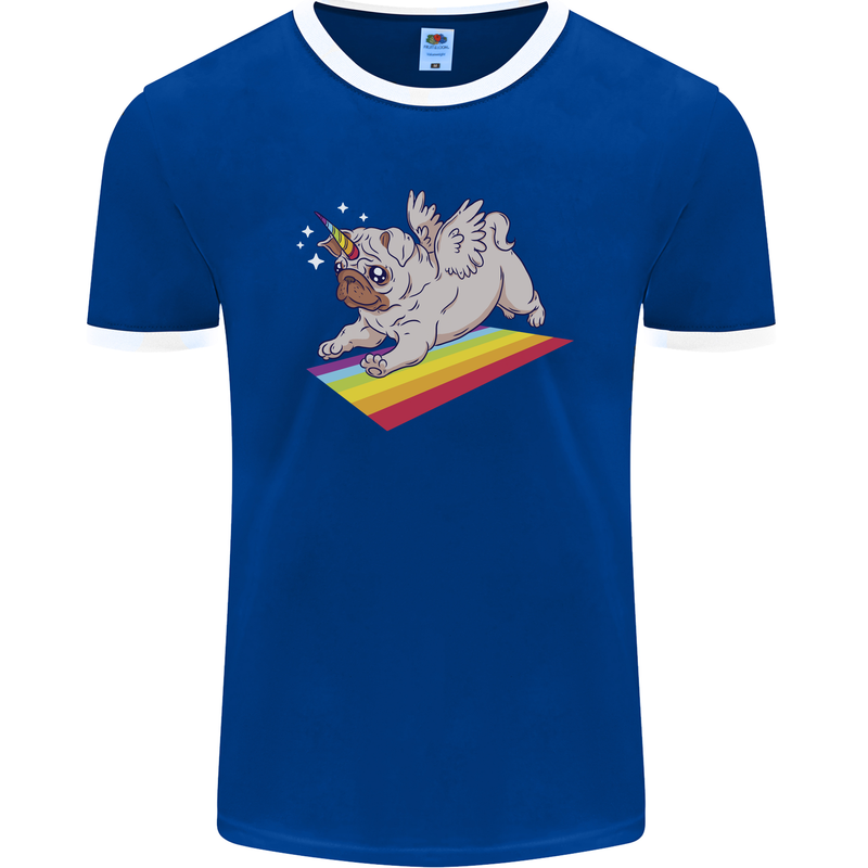 A Unicorn Pug Dog Mens Ringer T-Shirt FotL Royal Blue/White