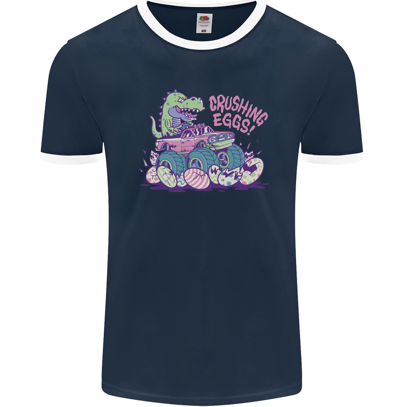 Crushing Eggs Easter T-Rex Dinosaur Monster Truck Mens Ringer T-Shirt FotL Navy Blue/White