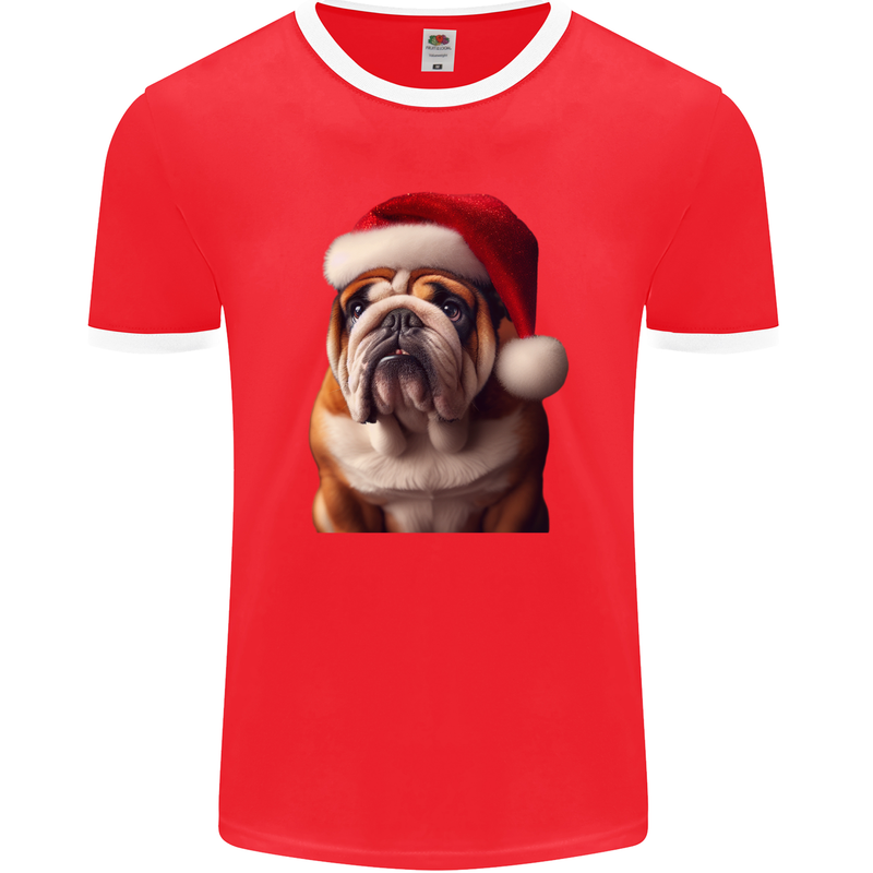 Christmas British Bulldog Union Jack Xmas Dog Mens Ringer T-Shirt FotL Red/White