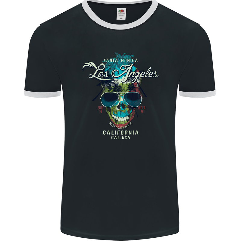 Los Angeles Surf Skull Surfing Mens Ringer T-Shirt FotL Black/White