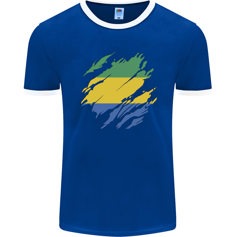 Torn Gabon Flag Gabonese Day Football Mens Ringer T-Shirt FotL Royal Blue/White