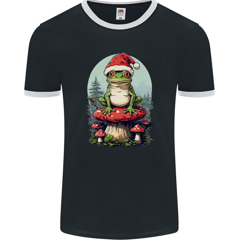 Christmas Frog Toadstool Xmas Mycology Foraging Mens Ringer T-Shirt FotL Black/White