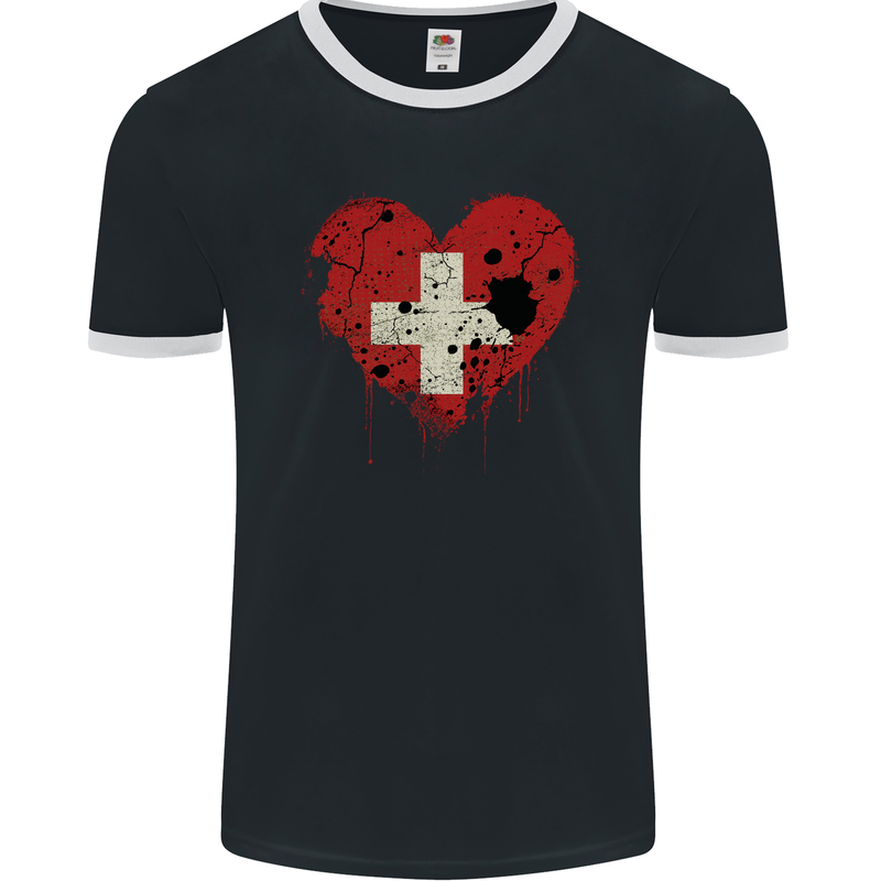 Love Switzerland Flag Swiss Day Football Mens Ringer T-Shirt FotL Black/White