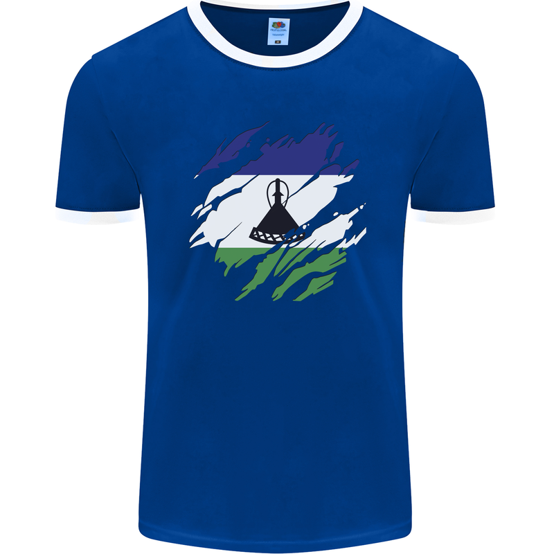 Torn Lesotho Flag Basotho Day Football Mens Ringer T-Shirt FotL Royal Blue/White