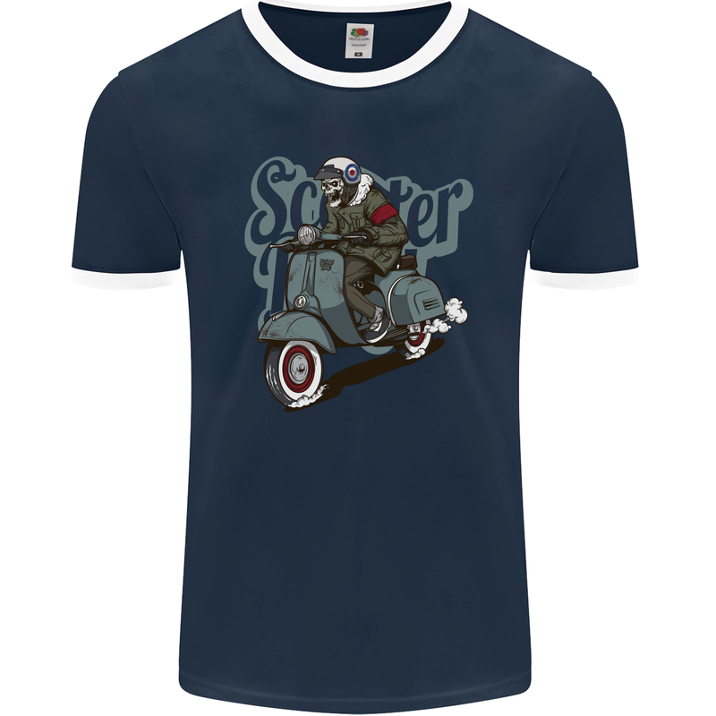 Scooter Skull Motorcycle MOD Biker Mens Ringer T-Shirt FotL Navy Blue/White