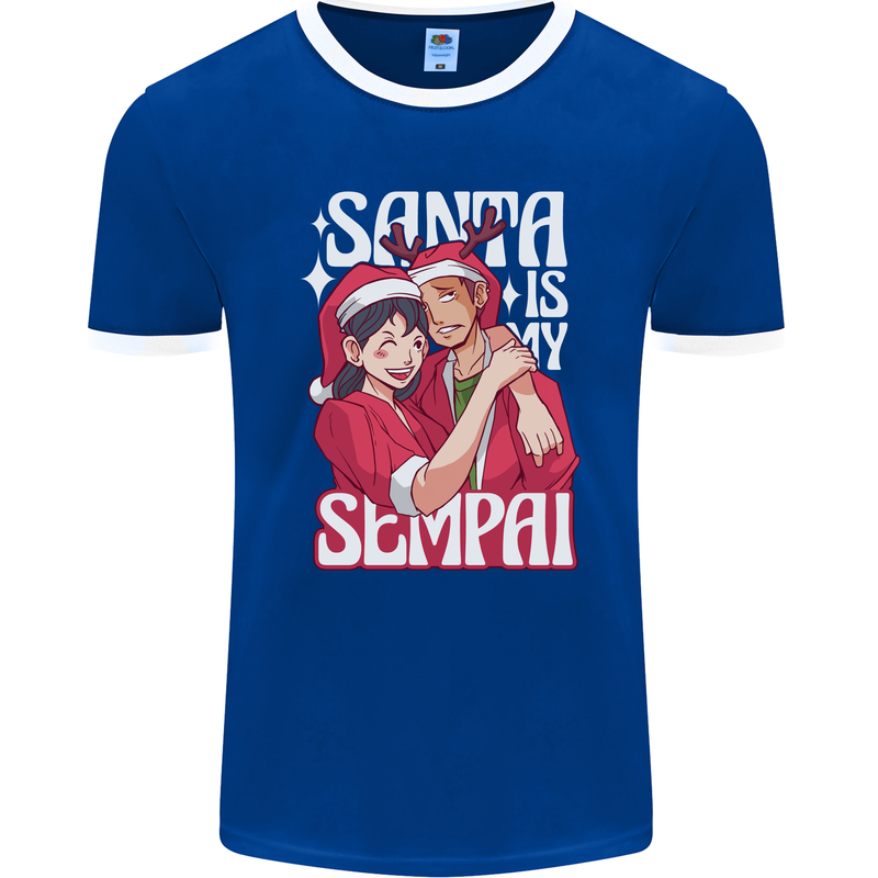 Anime Santa is My Sempai Funny Christmas Xmas Mens Ringer T-Shirt FotL Royal Blue/White