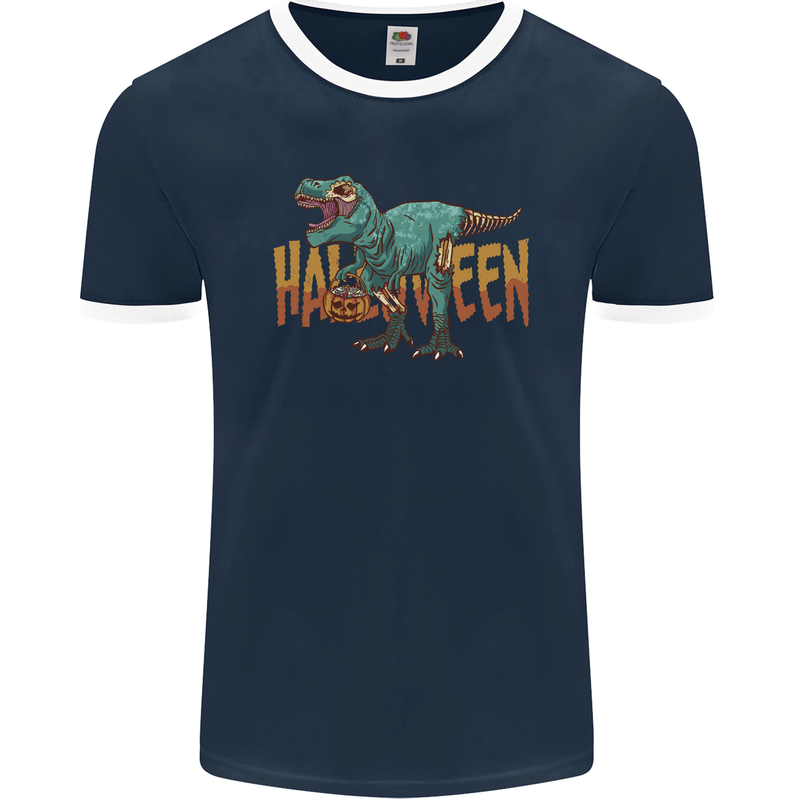 T-Rex Halloween Dinosaur Mens Ringer T-Shirt FotL Navy Blue/White