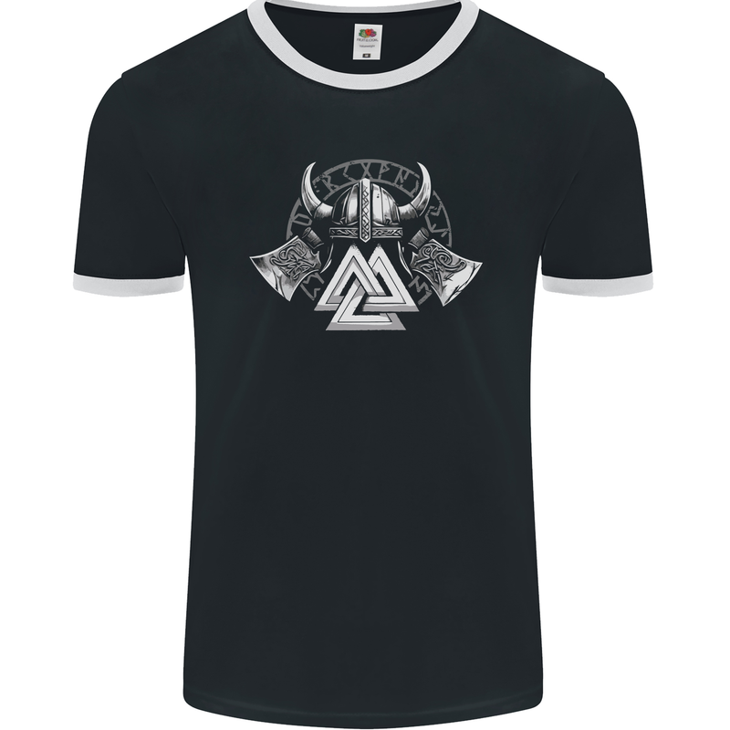 Viking Valknut Helmet Text and Axes Gym Mens Ringer T-Shirt FotL Black/White