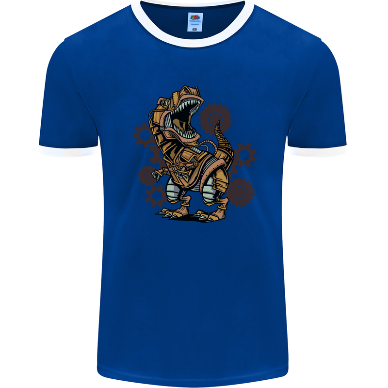 Steampunk T-Rex Dinosaur Mens Ringer T-Shirt FotL Royal Blue/White