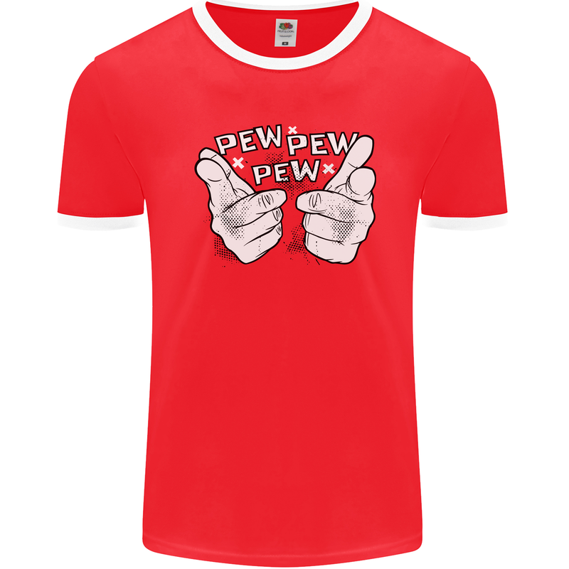 Pew Pew Pew Hands Funny Sci-Fi Lightsaber Mens Ringer T-Shirt FotL Red/White