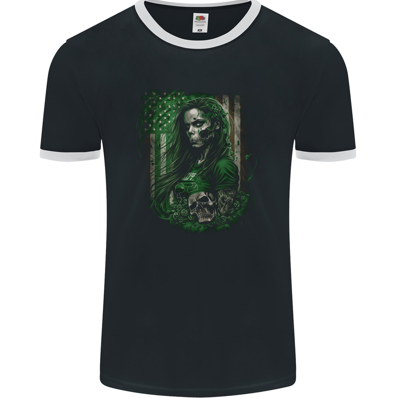 Green Zombie Woman USA Flag St Patricks Day Mens Ringer T-Shirt FotL Black/White