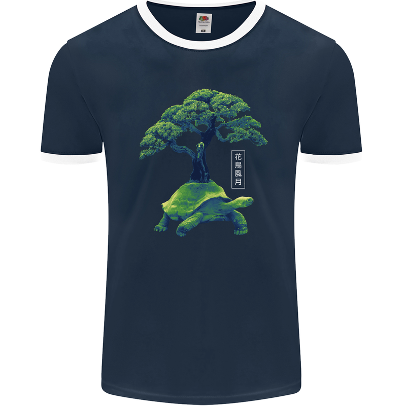 Abstract Tortoise Tree Mens Ringer T-Shirt FotL Navy Blue/White