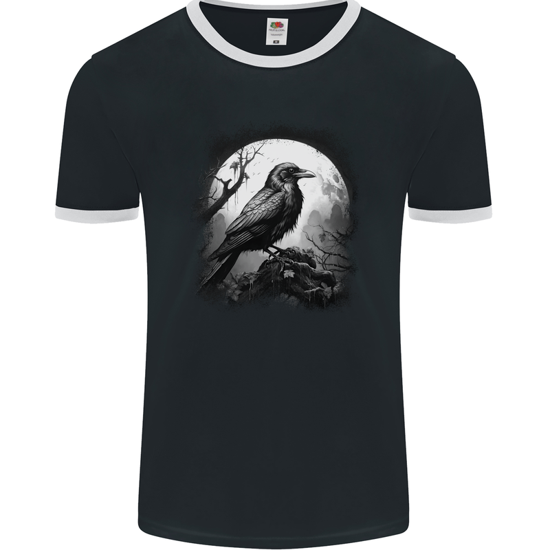 A Moonlit Raven Vikings Fantasy Mythology Crow Mens Ringer T-Shirt FotL Black/White