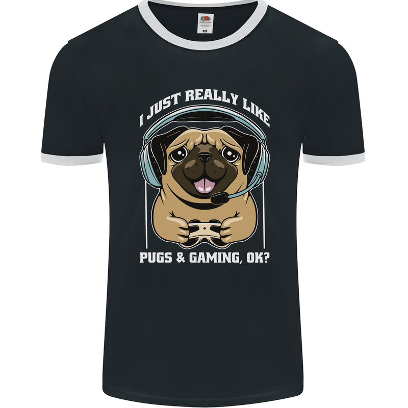 Love Pugs and Gaming Gamer Mens Ringer T-Shirt FotL Black/White