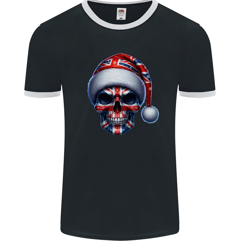 Britain Christmas Skull British UK Flag Union Jack Mens Ringer T-Shirt FotL Black/White