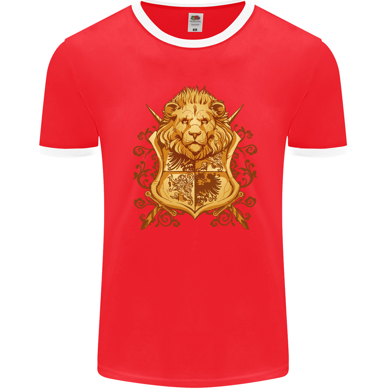 A Heraldic Lion Shield Coat of Arms Mens Ringer T-Shirt FotL Red/White