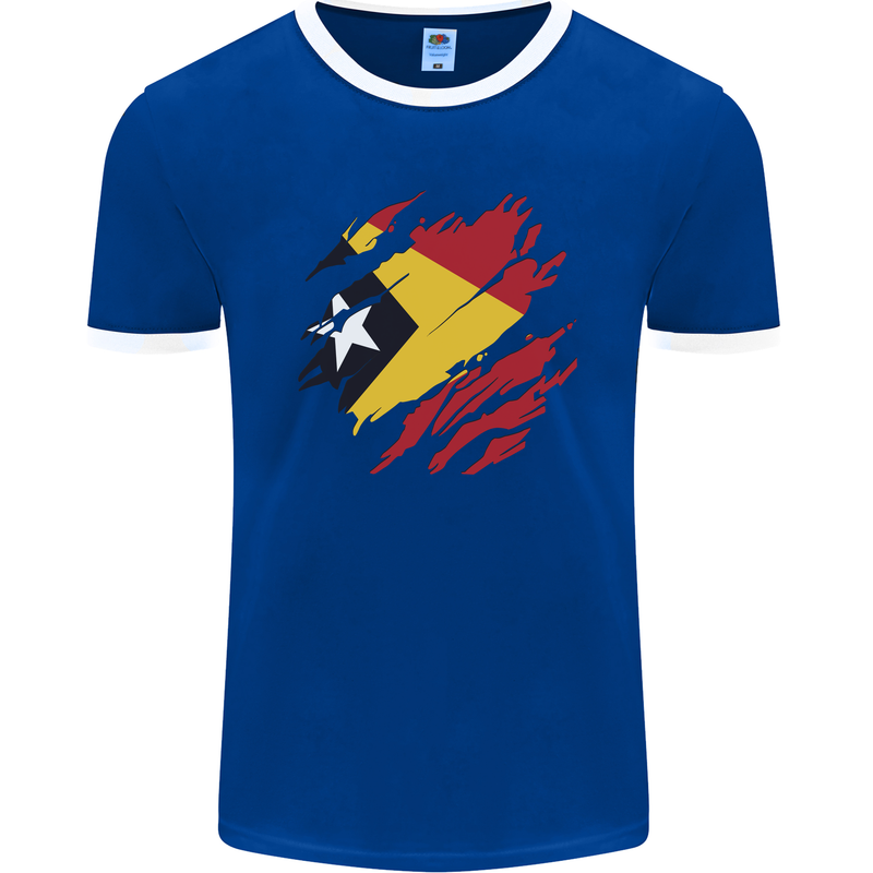 Torn East Timor Flag Day Football Mens Ringer T-Shirt FotL Royal Blue/White