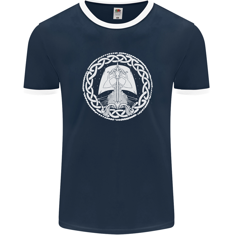 A Viking Ship Thor Odin Valhalla Mens Ringer T-Shirt FotL Navy Blue/White
