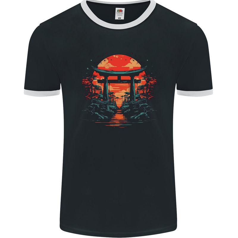 A Sunset Torii Japan Culture Japanese Mens Ringer T-Shirt FotL Black/White