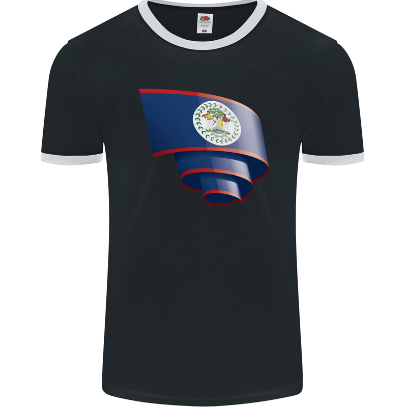Curled Belize Flag Belizean Day Football Mens Ringer T-Shirt FotL Black/White