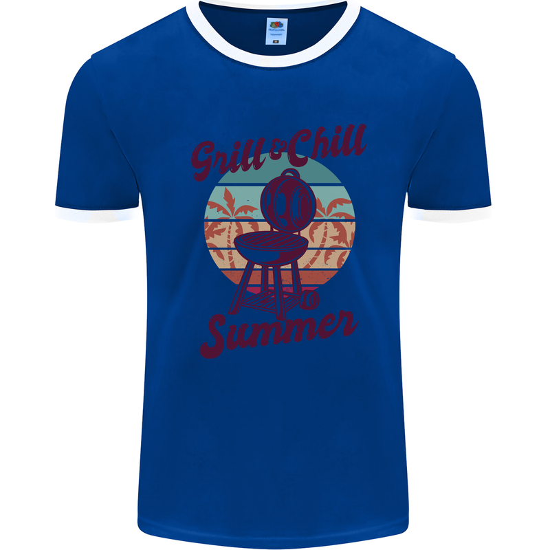 Chill & Grill Funny Summer BBQ Braai Mens Ringer T-Shirt Royal Blue/White