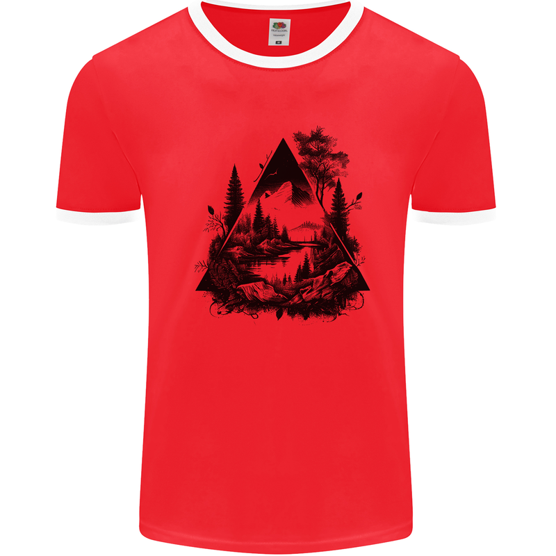 Abstract Outdoors Camping Bushcraft Hiking Trekking Mens Ringer T-Shirt Red/White