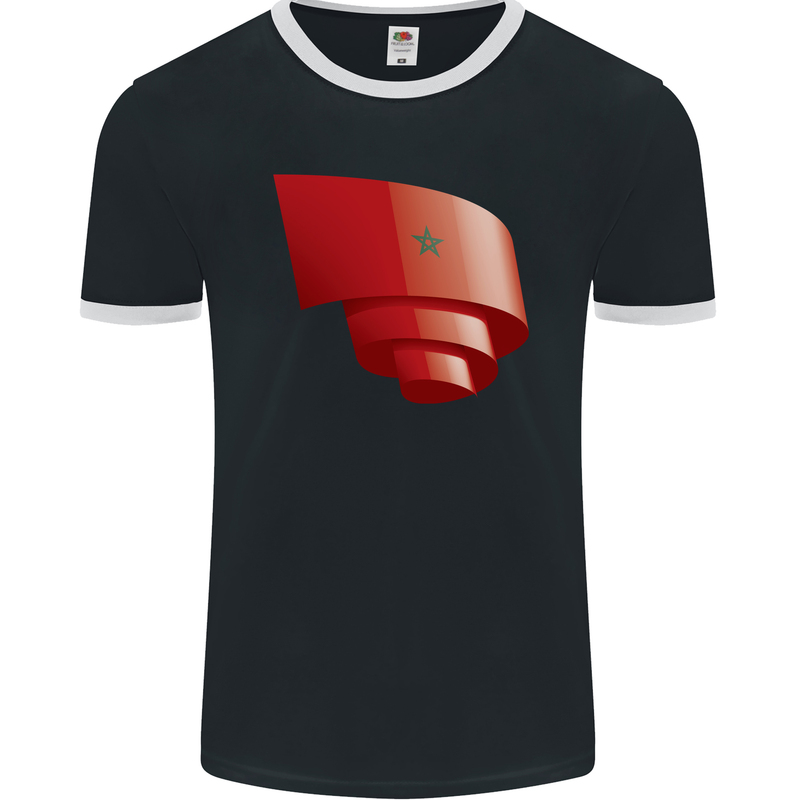Curled Morocco Flag Moroccan Day Football Mens Ringer T-Shirt FotL Black/White