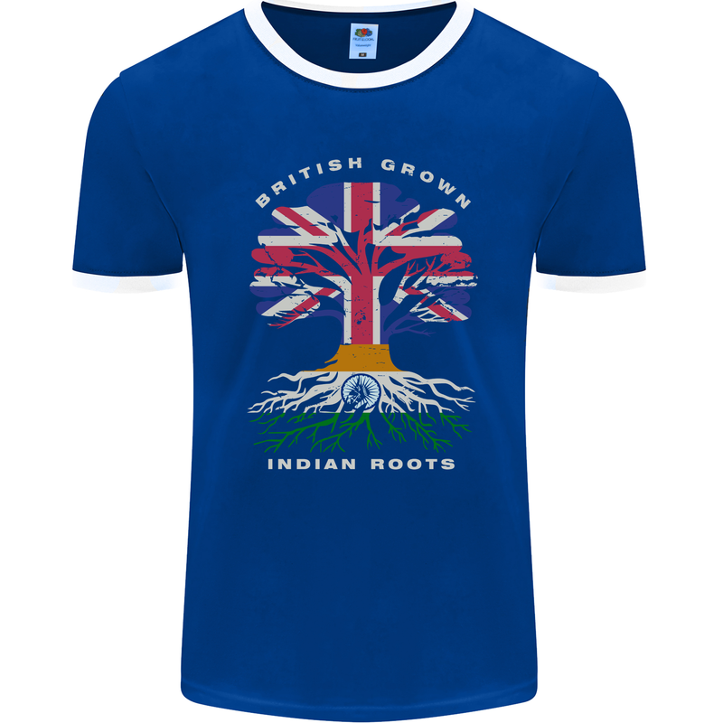 British Grown Indian Roots India Flag Mens Ringer T-Shirt FotL Royal Blue/White