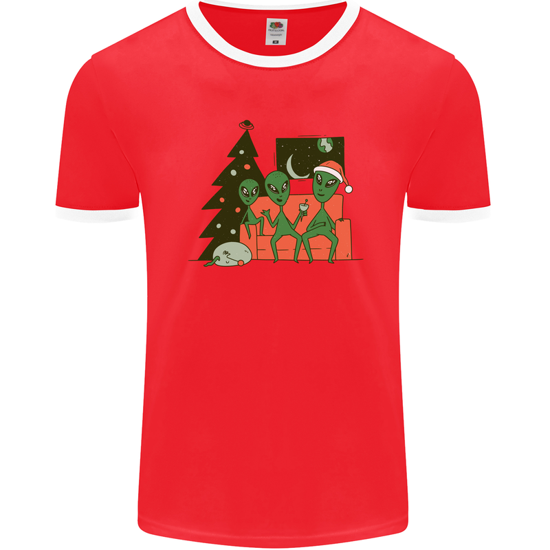 Alien Family Christmas Xmas Mens Ringer T-Shirt FotL Red/White