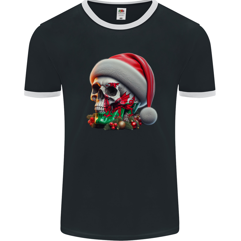 Wales Christmas Skull Xmas Welsh Flag Rugby Mens Ringer T-Shirt FotL Black/White