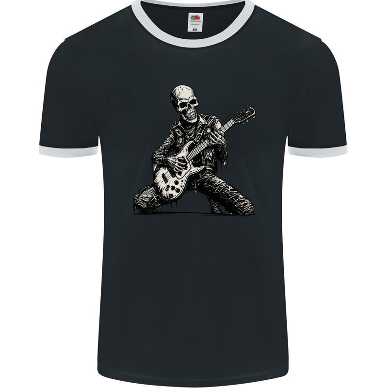 Rock n Roll Skeleton Skull Guitar Player Music Mens Ringer T-Shirt FotL Black/White