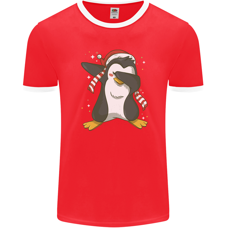 Christmas Dabbing Penguin Funny Xmas Mens Ringer T-Shirt FotL Red/White