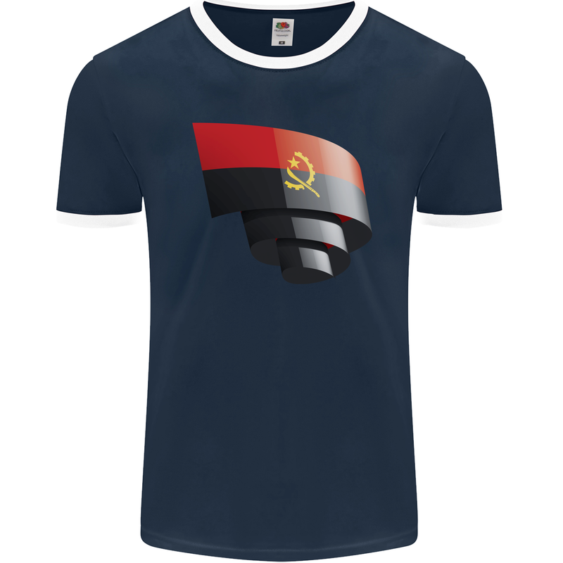 Curled Angola Flag Angolan Day Football Mens Ringer T-Shirt FotL Navy Blue/White