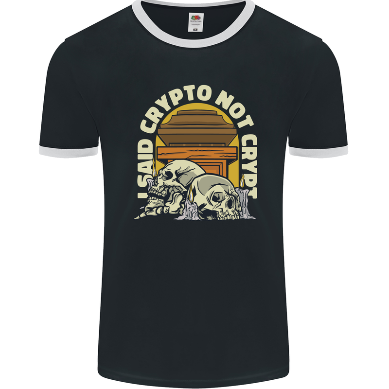 Crypto Not Crypt Funny Cryptocurrency Skulls Mens Ringer T-Shirt FotL Black/White