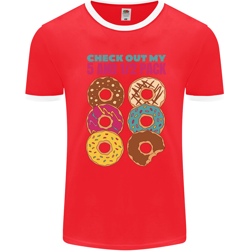 Funny Donut Check Out My 5 1/2 Pack Food Gym Mens Ringer T-Shirt FotL Red/White