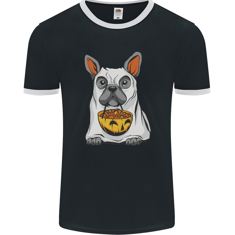 French Bulldog Ghost Dog Halloween Mens Ringer T-Shirt FotL Black/White