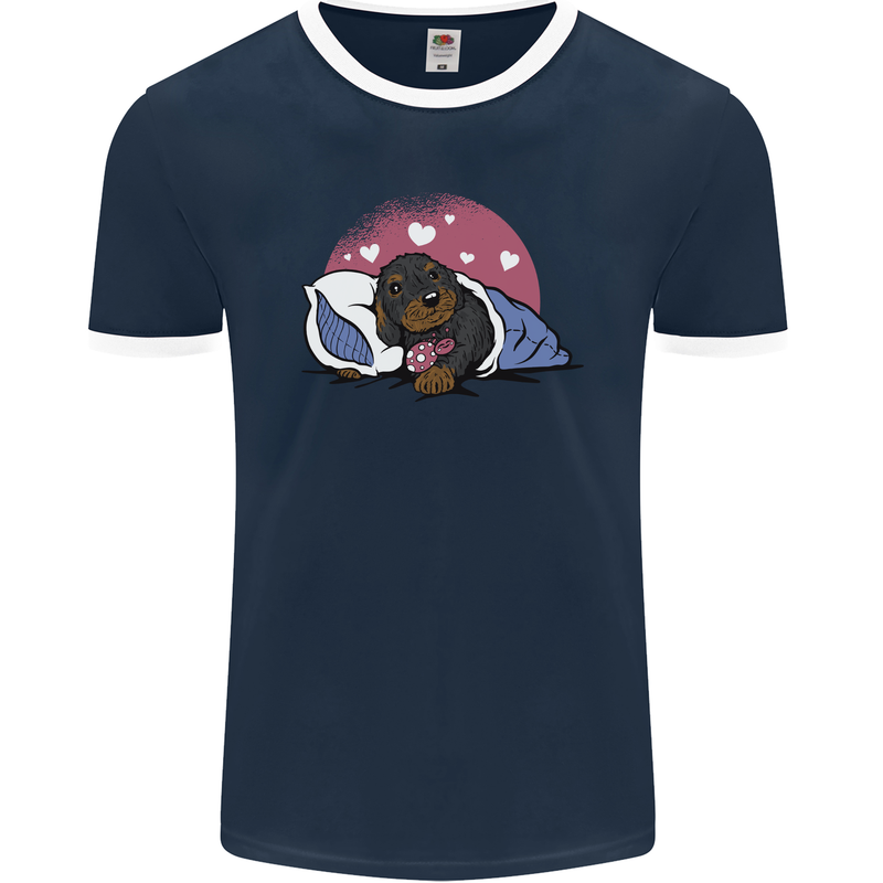 A Dachshund in Bed Dog Mens Ringer T-Shirt FotL Navy Blue/White