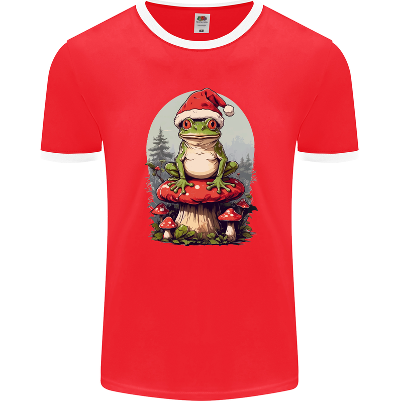 Christmas Frog Toadstool Xmas Mycology Foraging Mens Ringer T-Shirt FotL Red/White