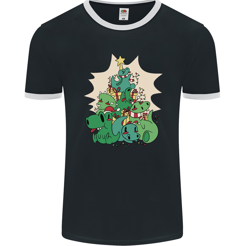 Christmas Dinosaur Xmas Tree T-Rex Funny Mens Ringer T-Shirt FotL Black/White