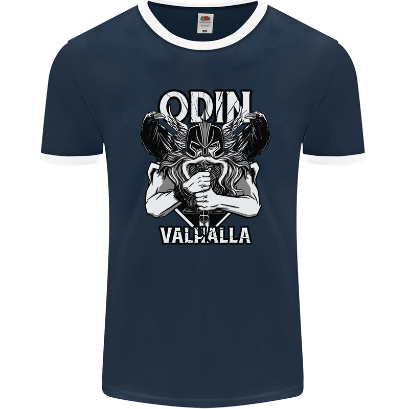 Odin Valhalla Viking Warrior Mens Ringer T-Shirt FotL Navy Blue/White