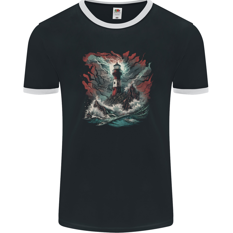 Fantasy Lighthouse Storm Mens Ringer T-Shirt FotL Black/White