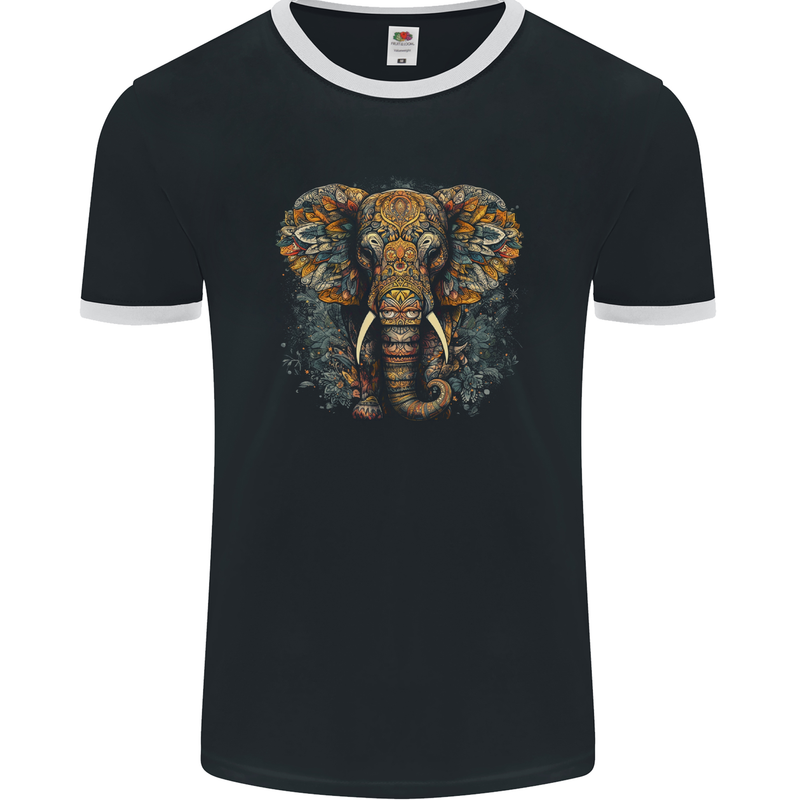 An Elephant With Tribal Markings Mens Ringer T-Shirt FotL Black/White